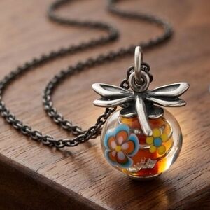 ​RETIRED James Avery Sterling Silver Art Glass Dragonfly Necklace NOS